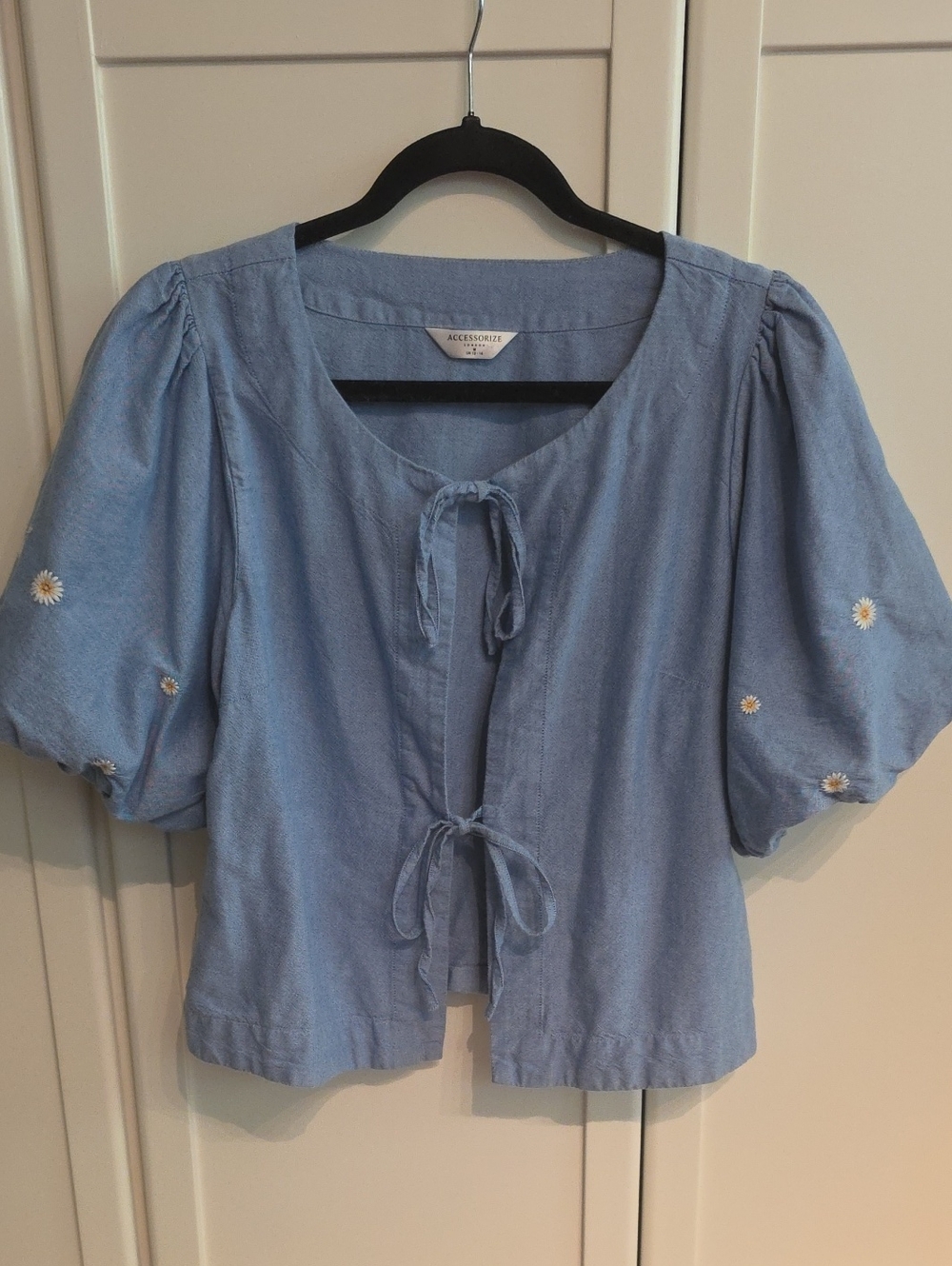 Accessorize Chambray Blue Tie-Front Puff Sleeve Blouse with Daisy Embroidery